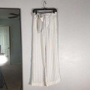 White and black pinstripe palazzo pants w/ tie
